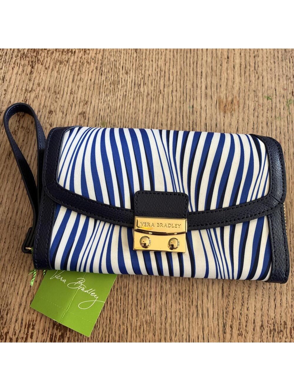 Vera Bradley Navy Wavy Stripe Genuine Leather Trim Ultimate Wristlet Wallet NWT